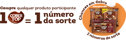 Compre quaquer produto participantes. 1 Coper Top = 1 número da sorte. Chances em dobro comprando produtos aceleradores, Você recebe 2 Números da sorte.